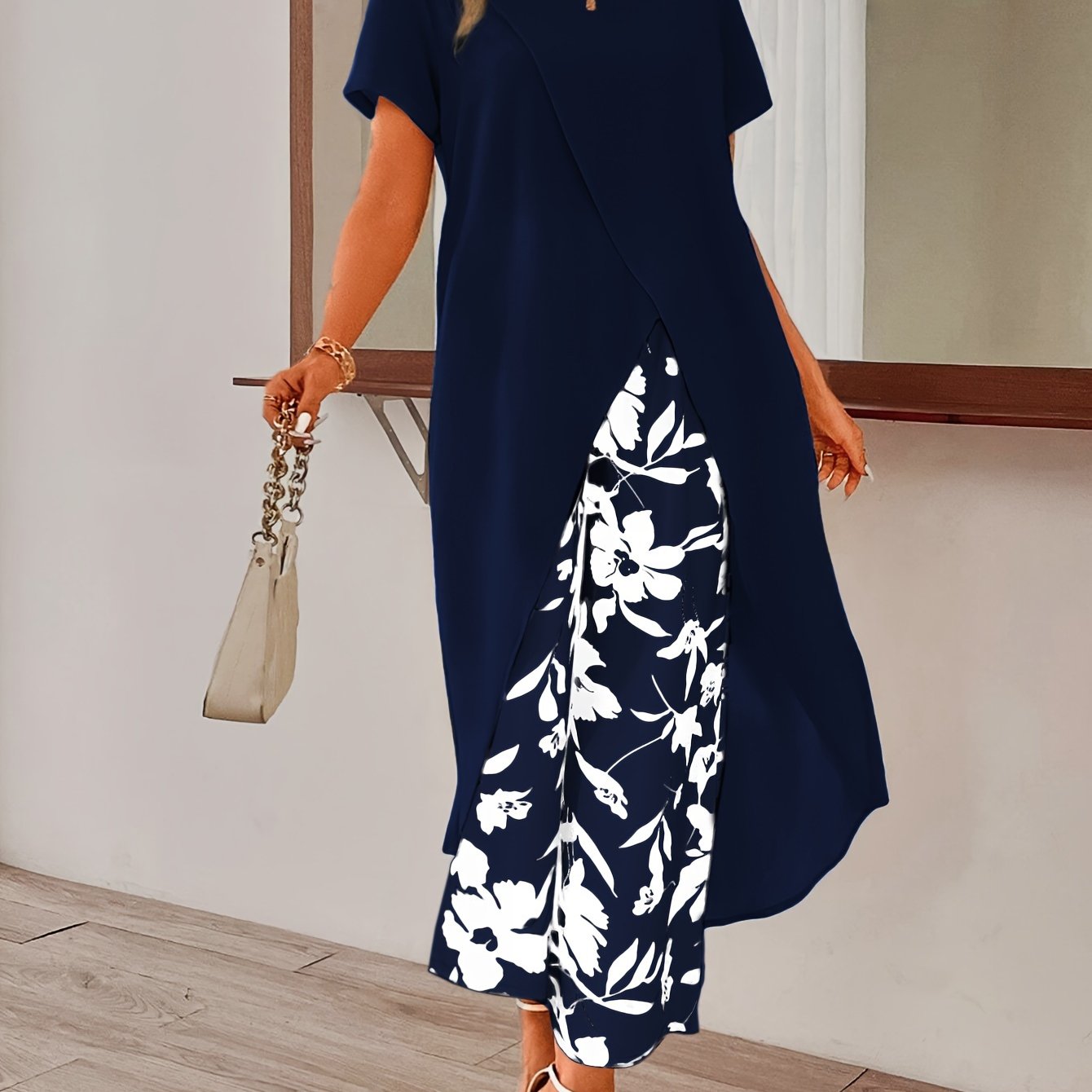 Womens Elegant Pants Set - Stylish Solid Color with Asymmetrical Hem Design, Comfortable Crew Neck Short Sleeve Top, Vibrant Floral Print Pants - Perfect for Spring and Summer Seasons, Complete Outfits for a Stylish Ensemble