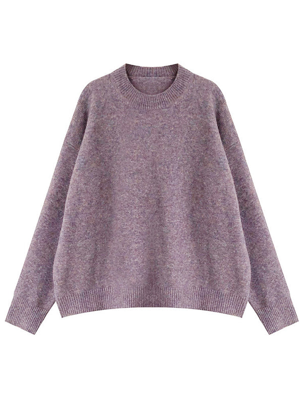 xakxx Simple Loose Long Sleeves Round-Neck Sweater Tops Pullovers