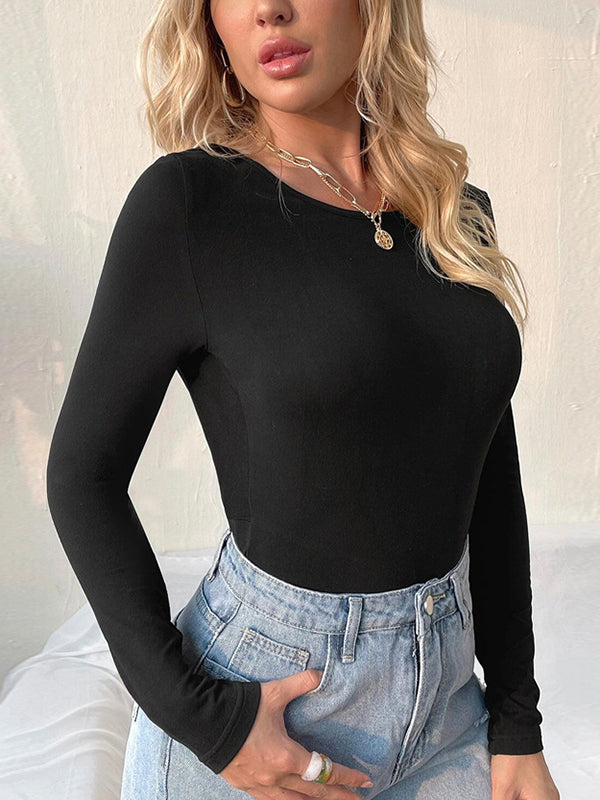 xakxx Long Sleeves Skinny Backless Knot Solid Color Round-Neck T-Shirts Tops