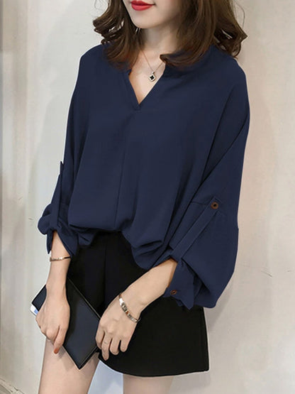 xakxx Casual Long Sleeves Loose Solid Color V-Neck Blouses&Shirts Tops