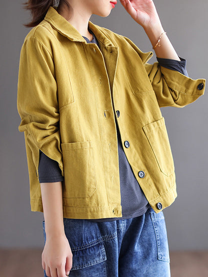 xakxx Vintage Loose Long Sleeves Buttoned Solid Color Lapel Collar Outerwear