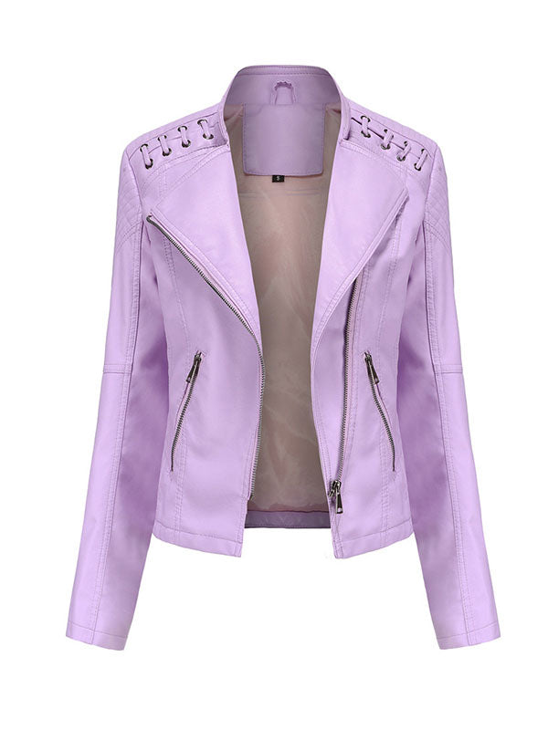 xakxx Long Sleeves Split-Joint Zipper Mock Neck PU Jackets Outerwear