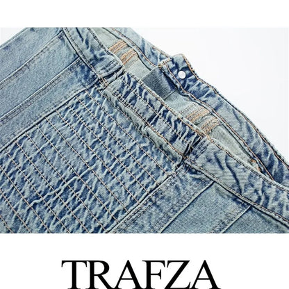 Women s Jumpsuits Rompers TRAFZA Women Chic Denim Button With Tube Top Vintage Casual Backless Elastic Force Female Streetwear Playsuits 230804