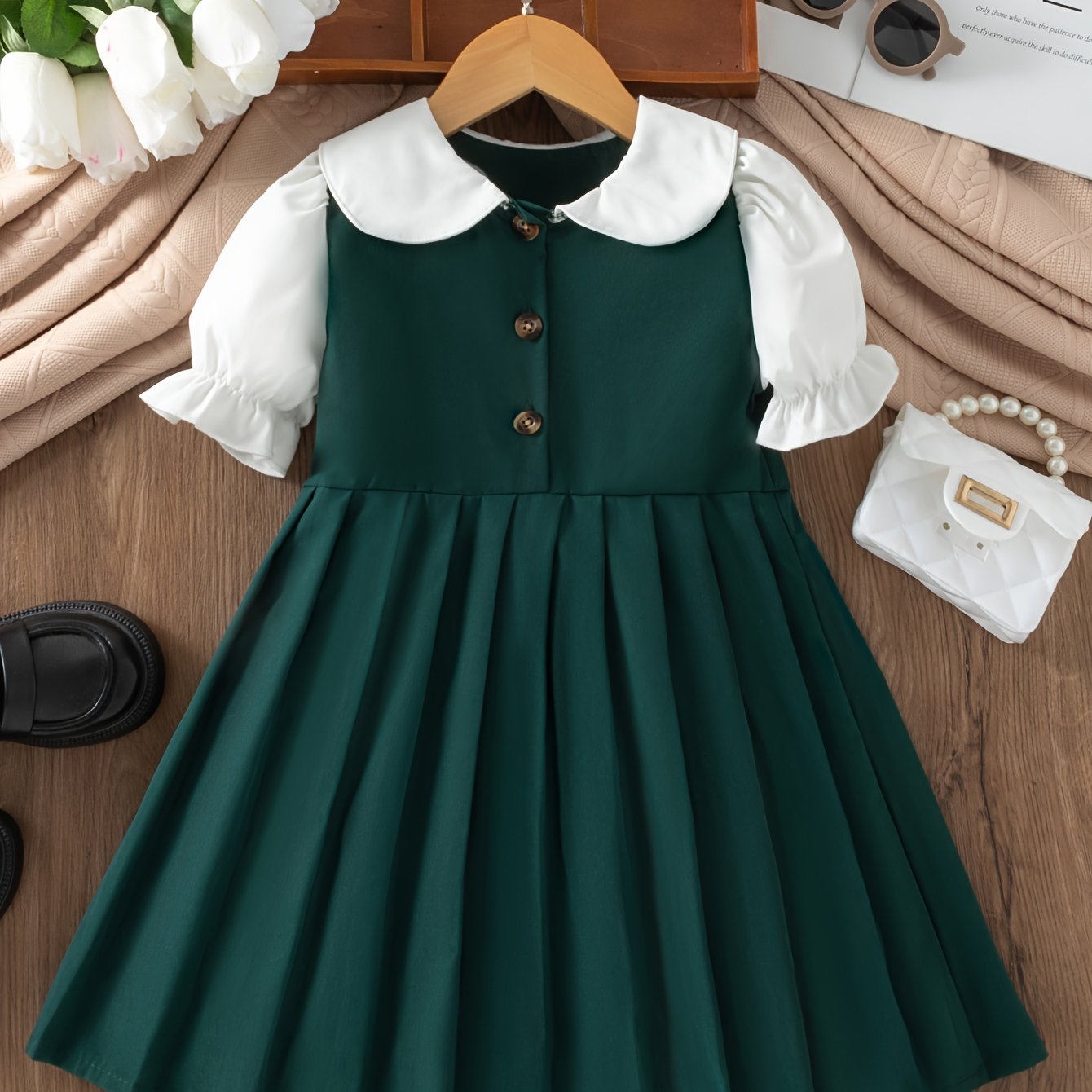 Elegant Girls Preppy Style Doll Collar Pleated Dress - Non-Stretch Polyester Fabric, Machine Washable, Solid Color, A-Line Fit, Perfect for School Uniform or Summer Casual Wear, Easy Care Instructions Included