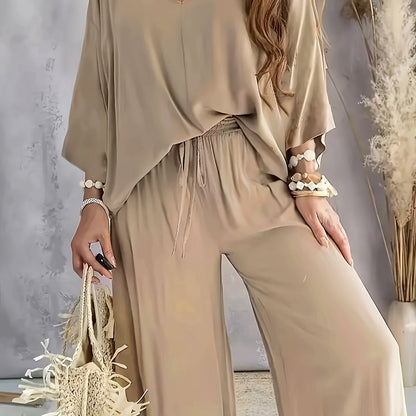 Chic Womens Two-piece Outfit Set - Comfy Long Sleeve T-shirt & Drawstring Pants - Adjustable Waistband, Casual Style for Everyday Fashion