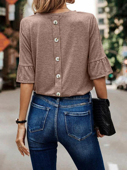 xakxx Ruffle Sleeves Asymmetric Buttoned Solid Color Split-Joint Round-Neck T-Shirts Tops