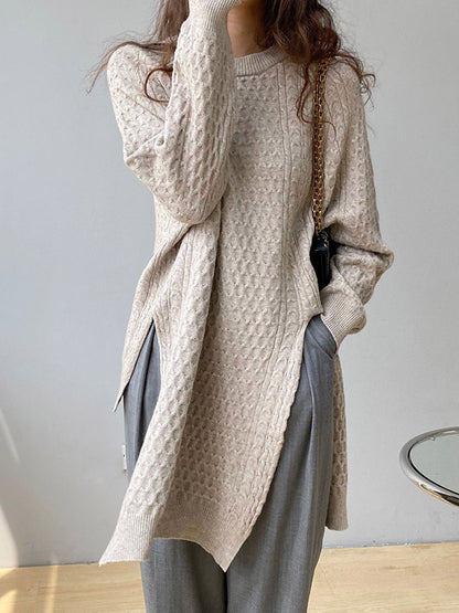 xakxx Original Irregular 5 Colors Split-Side Round-Neck Long Sleeves Sweater Top