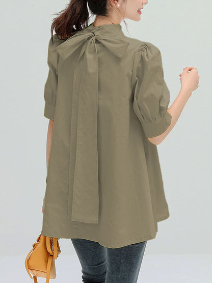 xakxx Casual Loose Bow-Embellished Solid Color Blouse