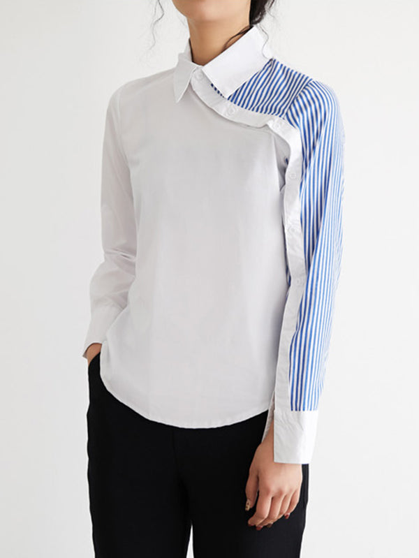 xakxx Long Sleeves Irregularity Striped Solid Contrast Color Lapel Collar Blouses