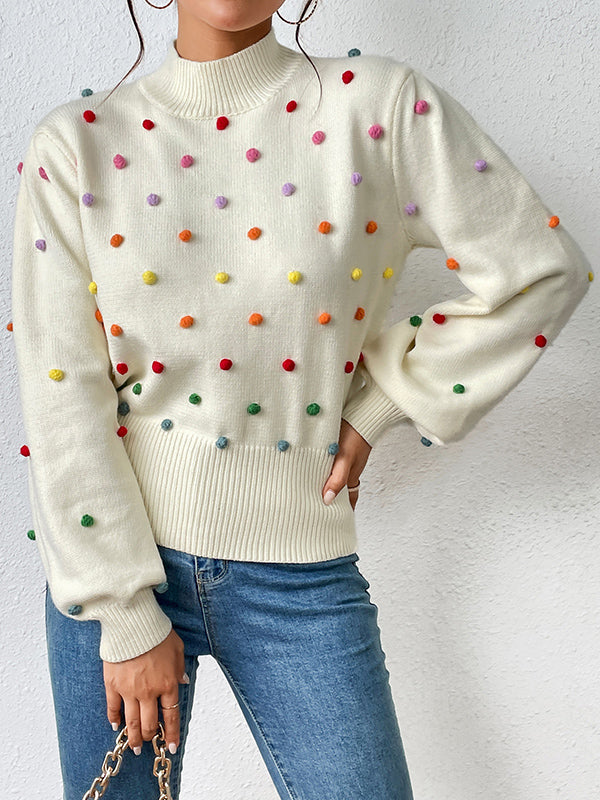 xakxx Long Sleeves Loose Pompom Triming Round-Neck Knitwear Pullovers Sweater Tops