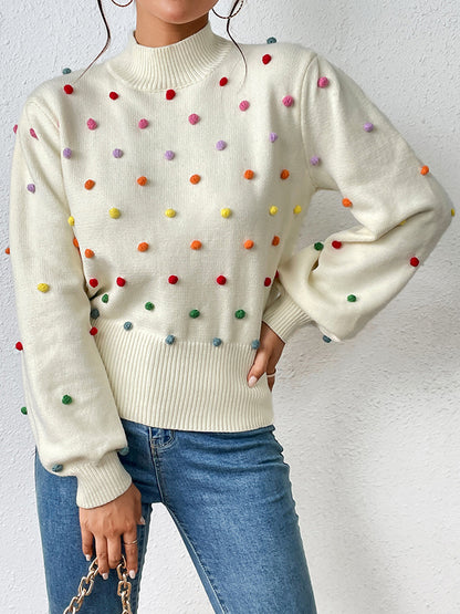 xakxx Long Sleeves Loose Pompom Triming Round-Neck Knitwear Pullovers Sweater Tops