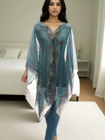 Plus Size Elegant V Neck Shawl Top - Long Sleeve, Semi-Sheer, Positioning Printed, Middle East Style, Woven Polyester Blouse for Spring, Summer, and Fall - Chic Womens Clothing for Curvy Figures