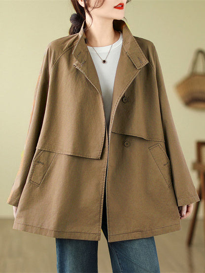 xakxx Long Sleeves Loose Asymmetric Buttoned Pockets Solid Color Split-Joint Stand Collar Outerwear Trench Coats