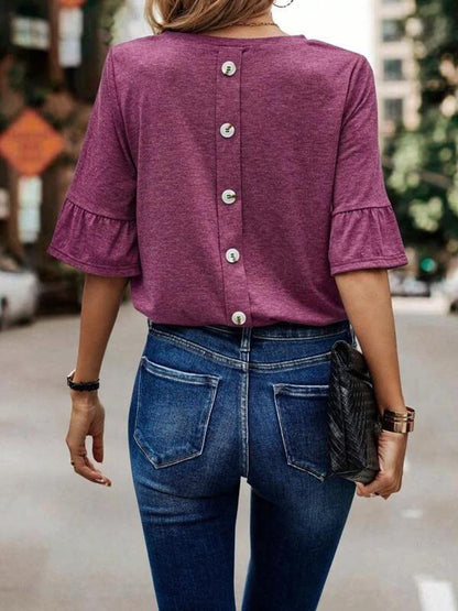 xakxx Ruffle Sleeves Asymmetric Buttoned Solid Color Split-Joint Round-Neck T-Shirts Tops