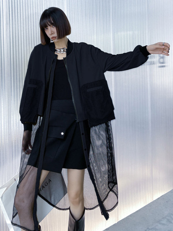 xakxx Stylish Split-Joint With Pocket Mesh Buttoned Stand Collar Long Sleeves Jacket Outwear