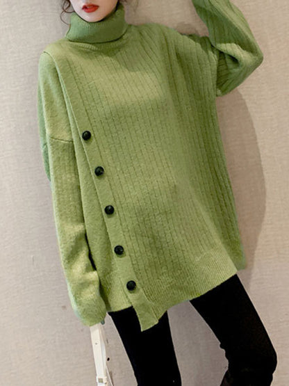 xakxx High-Low Long Sleeves Asymmetric Buttoned High-Neck Knitwear Pullovers Sweater Tops