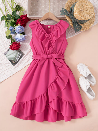 Brief Sleeveless V-Neck Ruffle Trim Dress for Teen Girls - Belted, Fitted, Loose Silhouette, Polyester Fabric, Summer Party Wear - Elegant and Dressy