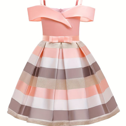 Knee-High Off-the-Shoulder Color Block Pleated Princess Dress for Girls - Sleeveless, Flared Hem, Cotton Lined, Non-Stretch Polyester Fabric, Hand Wash Only - Perfect for Piano Performance, Wedding, Birthday Party, and Evening Occasions