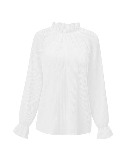 xakxx Long Sleeves Ruffle Sleeves Elasticity Ruffled Solid Color Mock Neck T-Shirts Tops