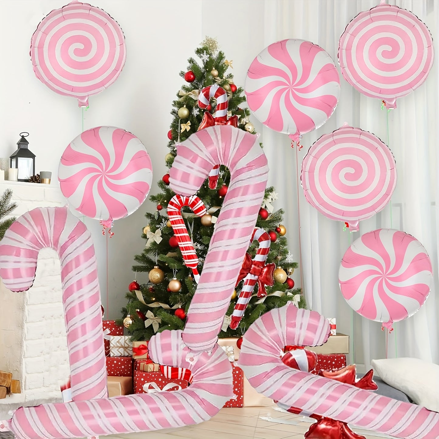 6pcs 18-inch Pink Candy Windmill Round Ball Large Crutch Christmas Stick Balloon Christmas New Year Party Decoration Balloon, Best for Christmas