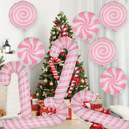 6pcs 18-inch Pink Candy Windmill Round Ball Large Crutch Christmas Stick Balloon Christmas New Year Party Decoration Balloon, Best for Christmas