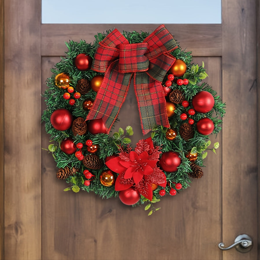 15.8" Vibrant Red Christmas Wreath with Artificial Pine Cones and Elegant Bow - Festive Holiday Door & Window Decoration, Perfect for New Year Celebrations, Indoor and Outdoor Use, Easy to Assemble, Durable and Long-Lasting