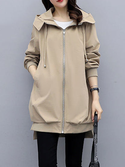 xakxx Casual Loose 4 Colors Pleated Zipper Hooded Long Sleeves Outwear