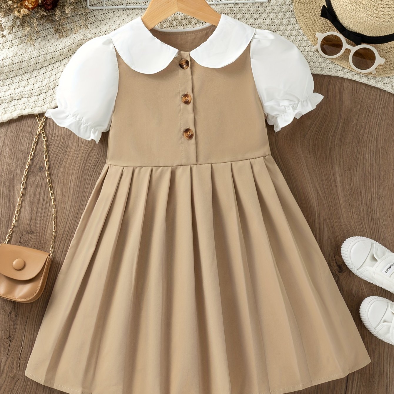 Elegant Girls Preppy Style Doll Collar Pleated Dress - Non-Stretch Polyester Fabric, Machine Washable, Solid Color, A-Line Fit, Perfect for School Uniform or Summer Casual Wear, Easy Care Instructions Included