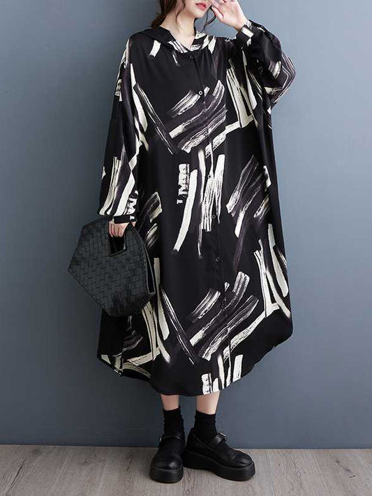 xakxx Long Sleeves Loose Buttoned Hooded Printed Midi Dresses Outerwear