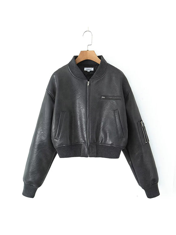 xakxx Quilted Solid Color Zipper Stand Collar PU Jackets Outerwear