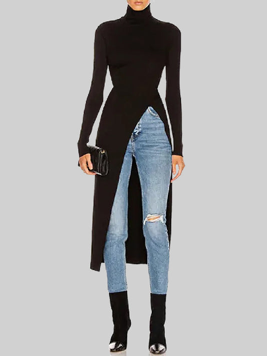 xakxx Simple Skinny Split-Side Solid Color High-Neck T-Shirts Tops