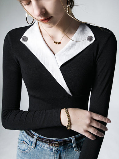 xakxx Long Sleeves Skinny Asymmetric Buttoned V-Neck T-Shirts Tops