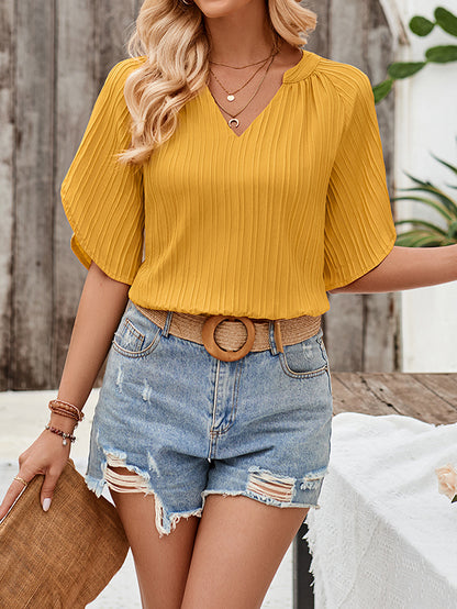 xakxx Loose Short Sleeves Hollow Pleated Solid Color V-Neck T-Shirts Tops