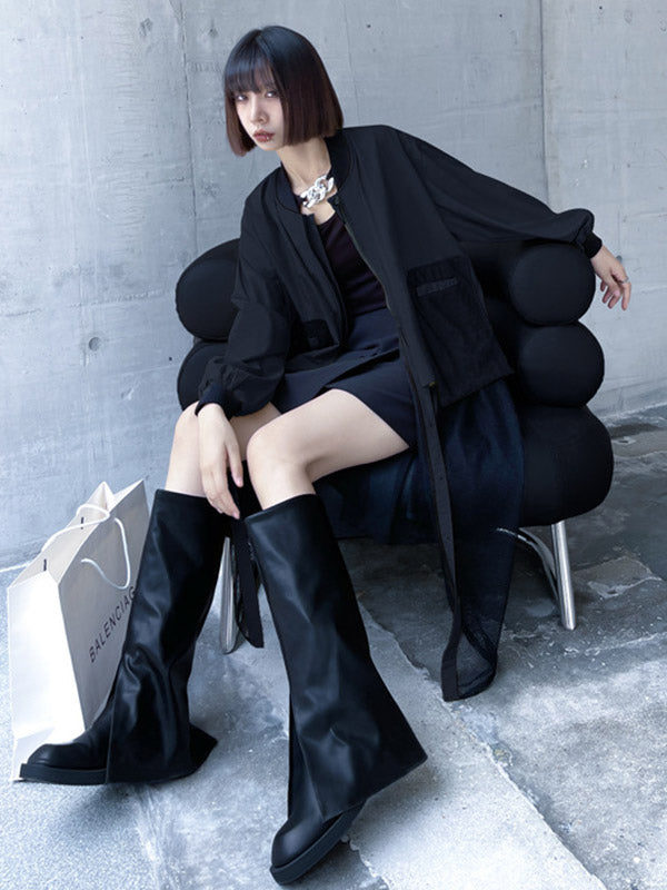 xakxx Stylish Split-Joint With Pocket Mesh Buttoned Stand Collar Long Sleeves Jacket Outwear