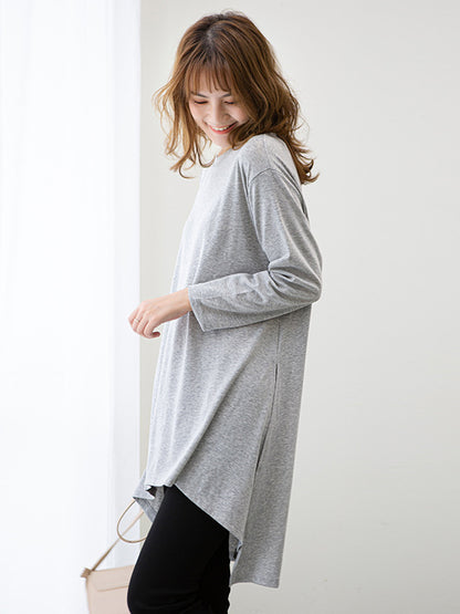 xakxx Casual High-Low Long Sleeves Solid Color Round-Neck T-Shirts Tops