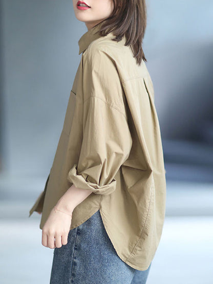 xakxx High-Low Long Sleeves Solid Color Lapel Blouses&Shirts Tops