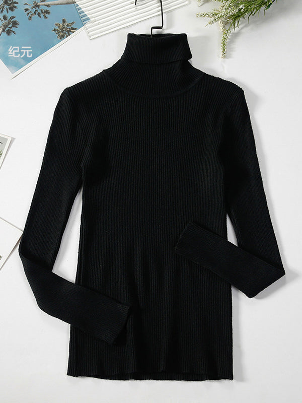 xakxx Simple Skinny Solid Color High-Neck Sweater Tops