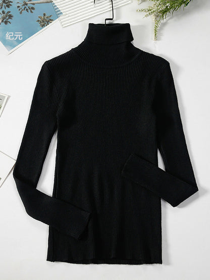 xakxx Simple Skinny Solid Color High-Neck Sweater Tops