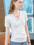 xakxx Original Skinny Solid Color Pleated Asymmetric Beaded T-Shirt Top
