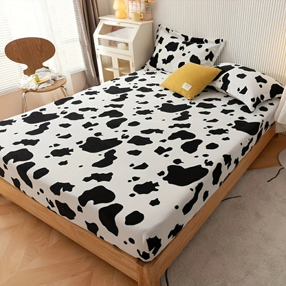 3-Piece Cow Print Fitted Sheet Set - Snug & Stylish Bedding for Bedrooms, Guest Rooms, and Hotels - Includes 2 Pillowcases, No Comforter