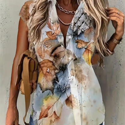 Plus Size Casual Blouse, Women's Plus Leaf Print Cap Sleeve Turn Down Collar Blouse