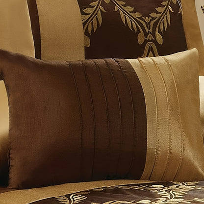 7 Piece Classic Embroidery Comforter Set King/Queen- Chocolate And Gold Faux Silk Fabric Embroideried-1 Comforter, 2 Shams, 3 Decorative Pillows, 1 Bedskirt