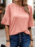 xakxx Ruffle Sleeves Asymmetric Buttoned Solid Color Split-Joint Round-Neck T-Shirts Tops