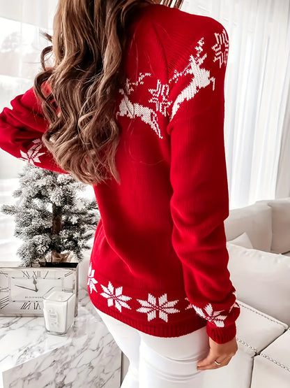 Elegant Plus Size Christmas Sweater for Women - Cozy Acrylic Knit, Long Sleeve, Crew Neck Pullover with Festive Reindeer Design
