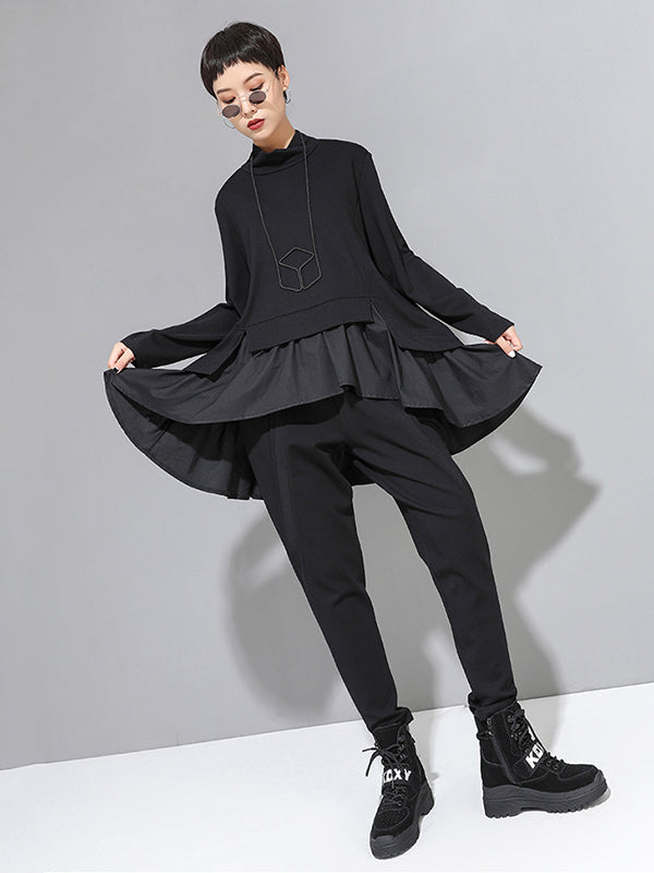 xakxx High-Low A-Line Falbala Split-Joint Split-Back High-Neck T-Shirts Tops