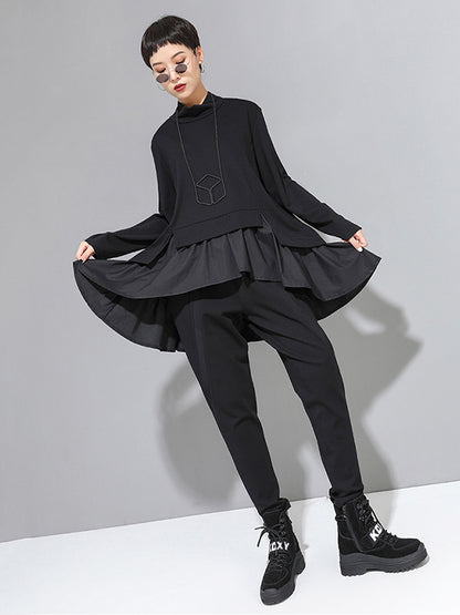 xakxx High-Low A-Line Falbala Split-Joint Split-Back High-Neck T-Shirts Tops