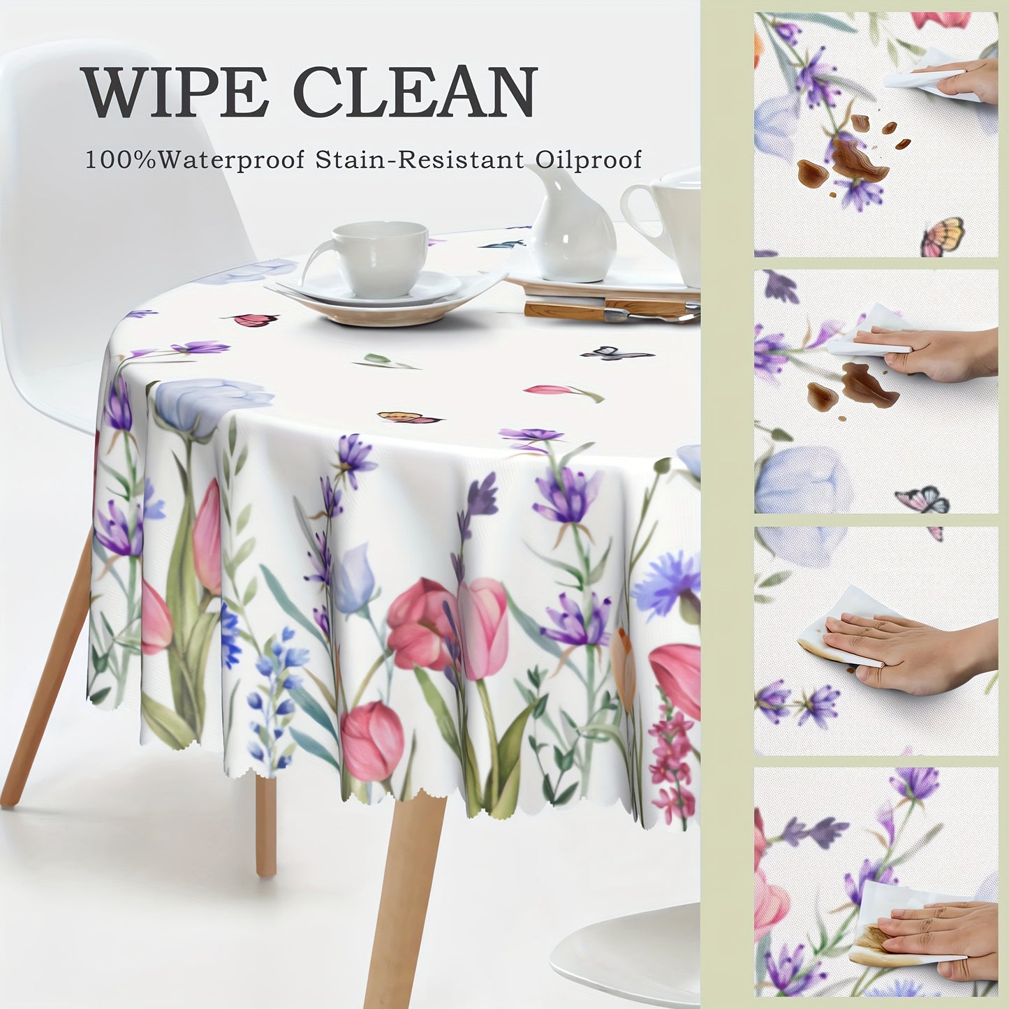 1pc Of Tulip Flower Butterfly Tablecloth, Spring Table Decoration, Edge Embossing Process, Printed Tablecloth, Anti-fouling, Waterproof, Wrinkle-free, Suitable For Daily Family Kitchen, Restaurant Terrace Indoor And Outdoor Use