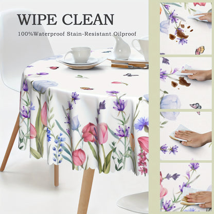 1pc Of Tulip Flower Butterfly Tablecloth, Spring Table Decoration, Edge Embossing Process, Printed Tablecloth, Anti-fouling, Waterproof, Wrinkle-free, Suitable For Daily Family Kitchen, Restaurant Terrace Indoor And Outdoor Use