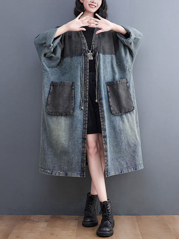 xakxx Artistic Retro Denim Long Sleeves Loose Tied Split-Joint Trench Outerwear