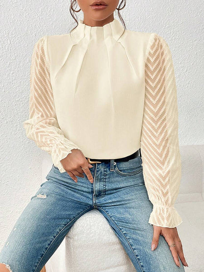 xakxx Long Sleeves Loose Elasticity Mesh Pleated Solid Color Mock Neck Blouses&Shirts Tops